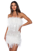 BON ANNIVERSAIRE FEATHER TRIM SEQUIN MINI DRESS
