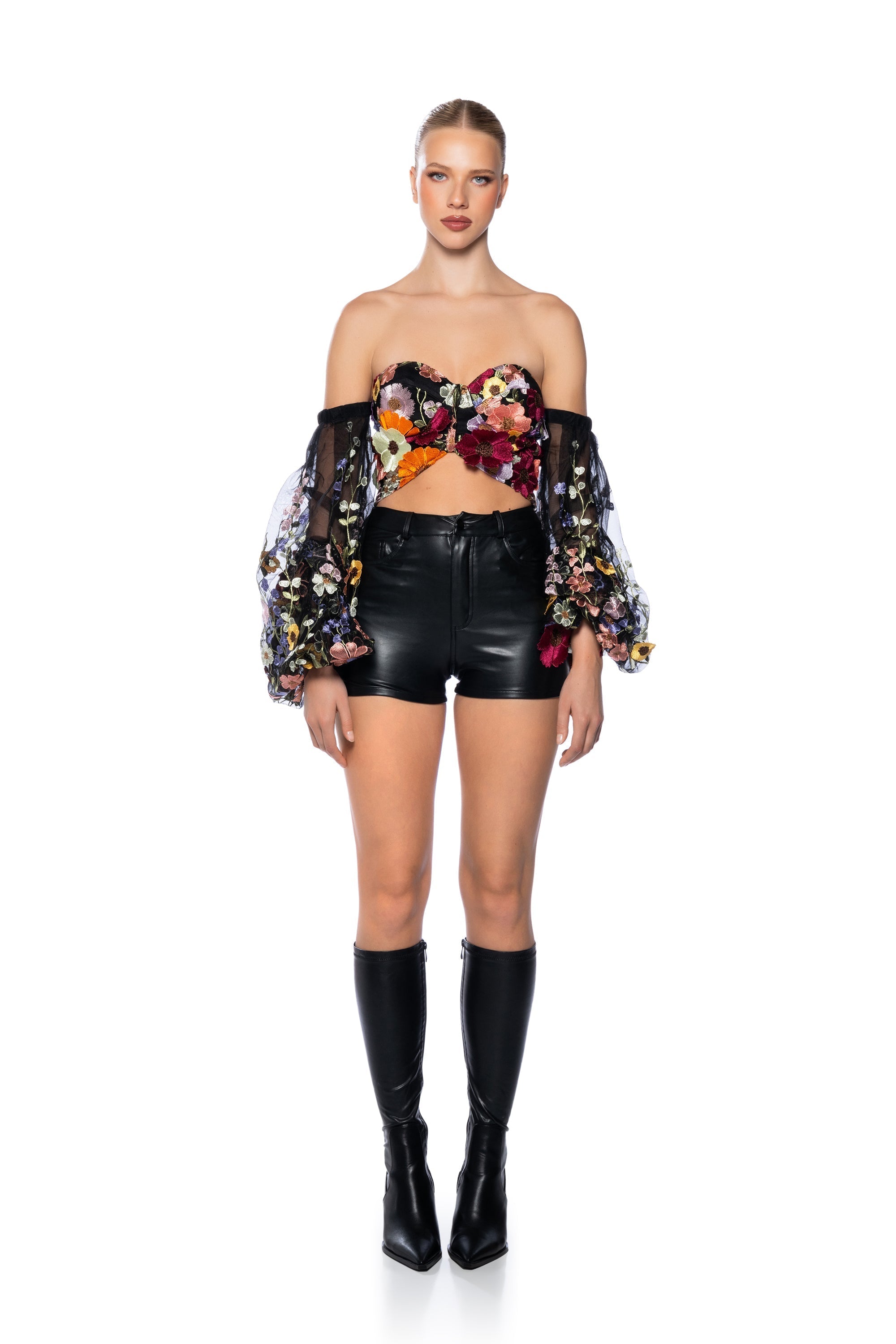 BOTANICAL BEAUTY CROPPED SHEER SLEEVE TOP