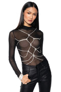 BOUT TIME RHINESTONE CHAIN LONG SLEEVE MOCK NECK MESH BODYSUIT