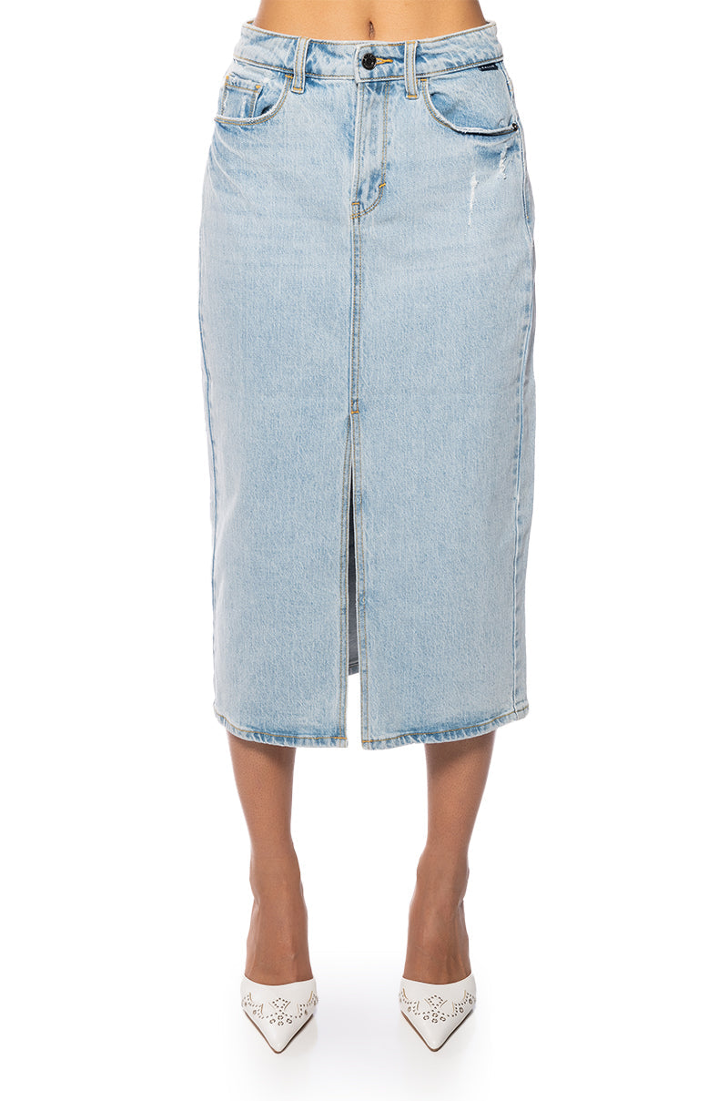 BRIANA CENTER SLIT DENIM MIDI SKIRT