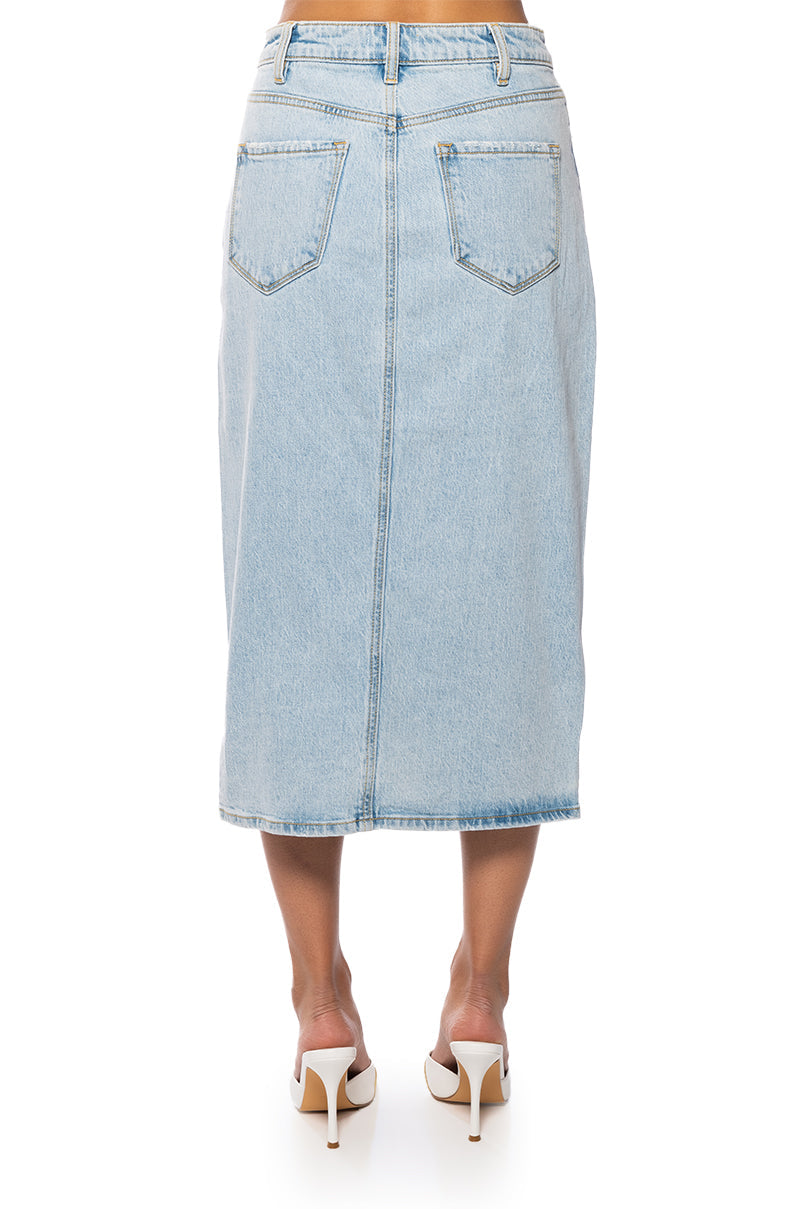 BRIANA CENTER SLIT DENIM MIDI SKIRT