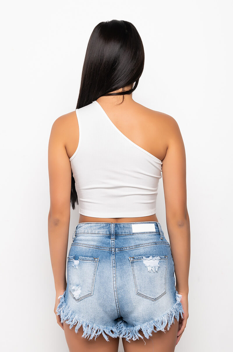 SELENE RHINESTONE RIBBED ONE SHOULDER CROP TANK