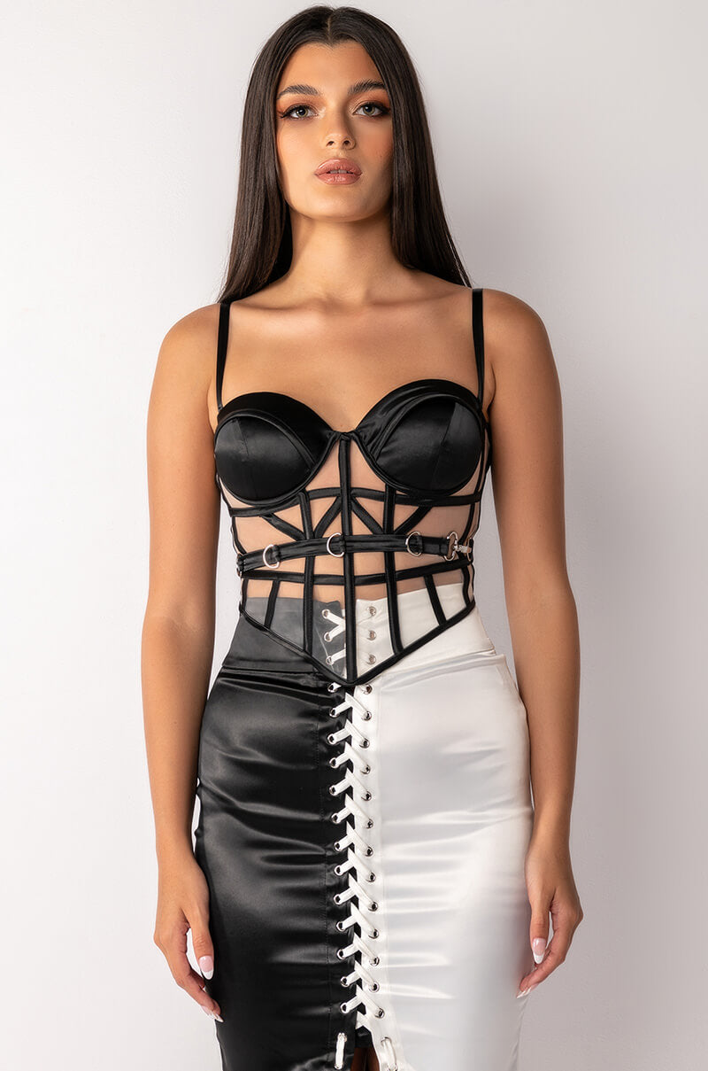 CATCH MY DRIFT MESH PANEL SATIN BUSTIER