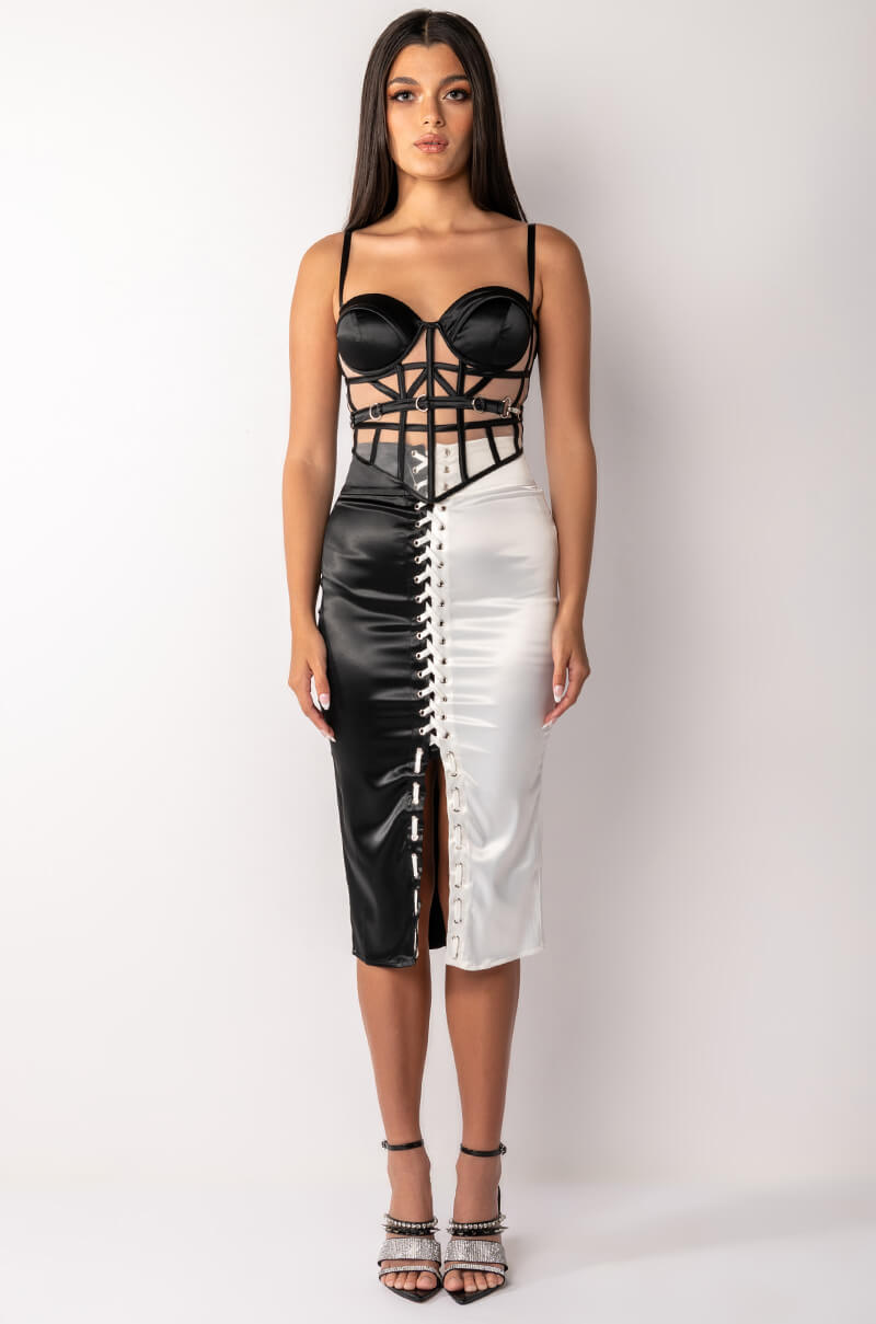 CATCH MY DRIFT MESH PANEL SATIN BUSTIER