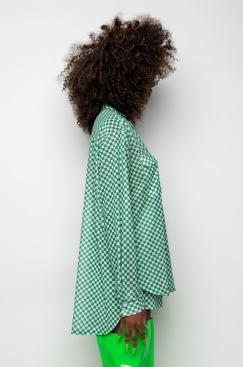 CENTRAL PARK GINGHAM MESH BUTTON DOWN BLOUSE