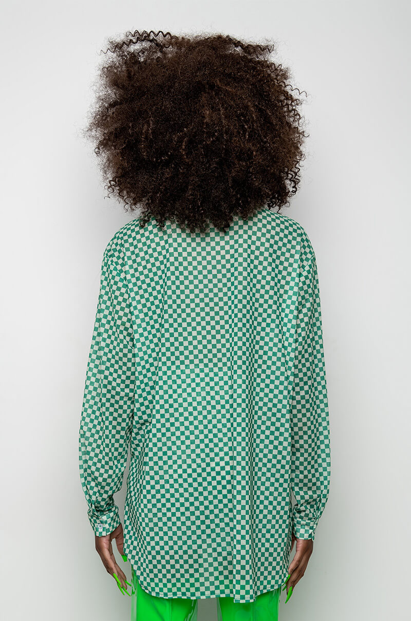 CENTRAL PARK GINGHAM MESH BUTTON DOWN BLOUSE