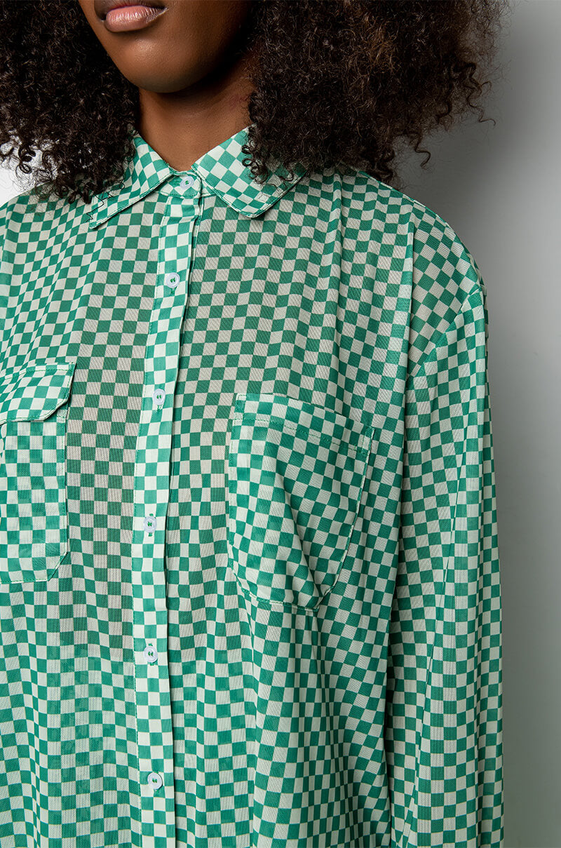 CENTRAL PARK GINGHAM MESH BUTTON DOWN BLOUSE