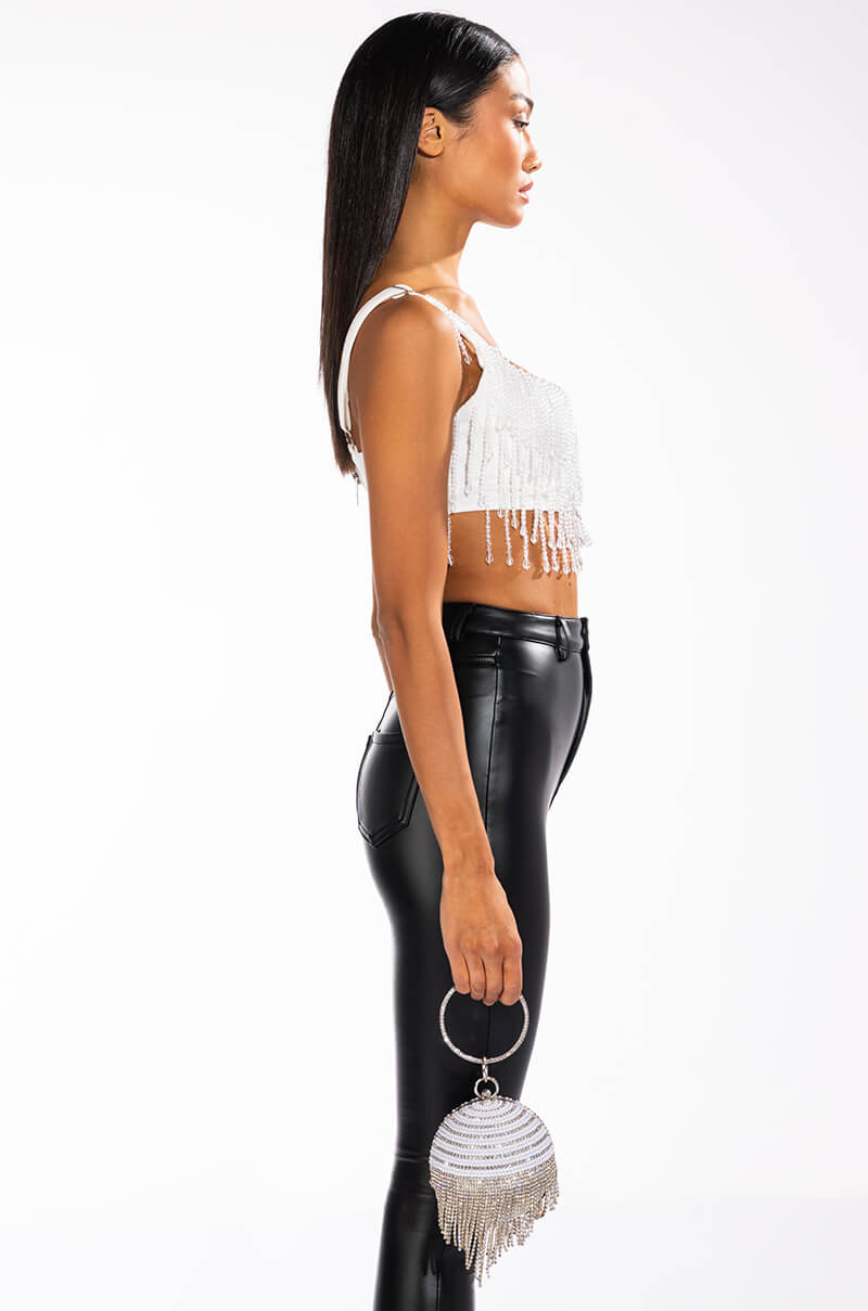 CHA CHA SLIDE STRAPLESS BEADED CROP TOP