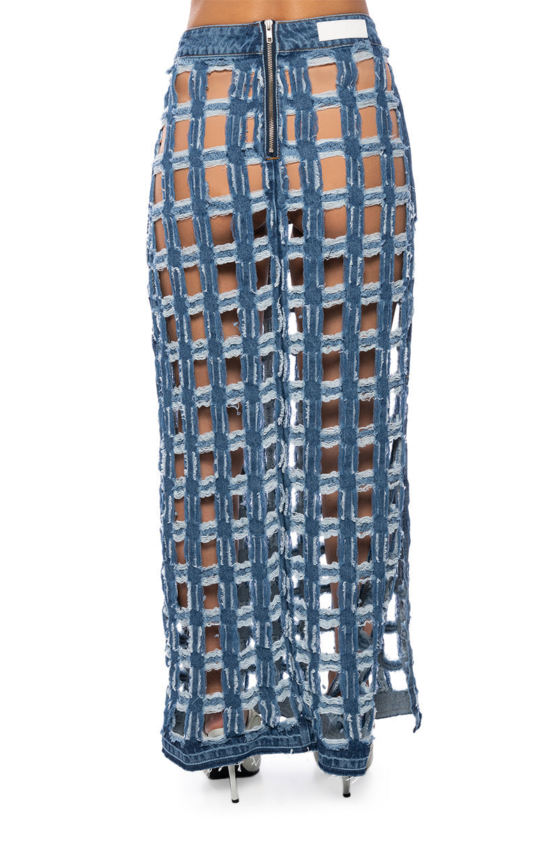 CHECK ON ME CUT OUT DENIM MIDI SKIRT
