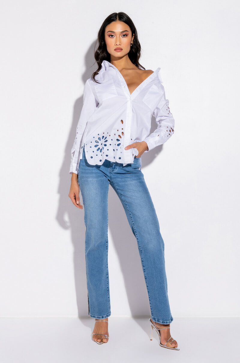CHECK PLEASE EYELET POPLIN BLOUSE