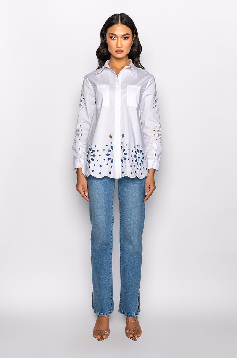 CHECK PLEASE EYELET POPLIN BLOUSE