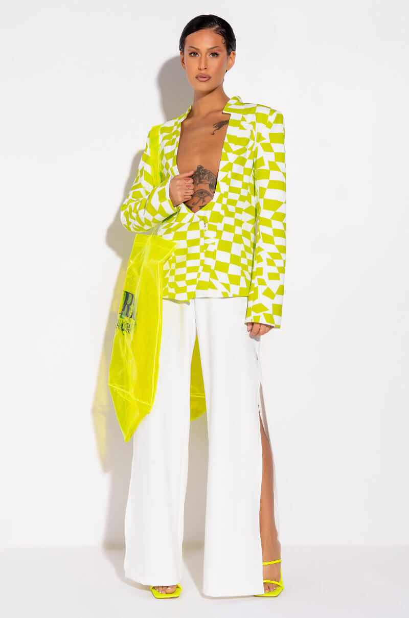 CHECKERED LIME OPEN CHEST BLAZER
