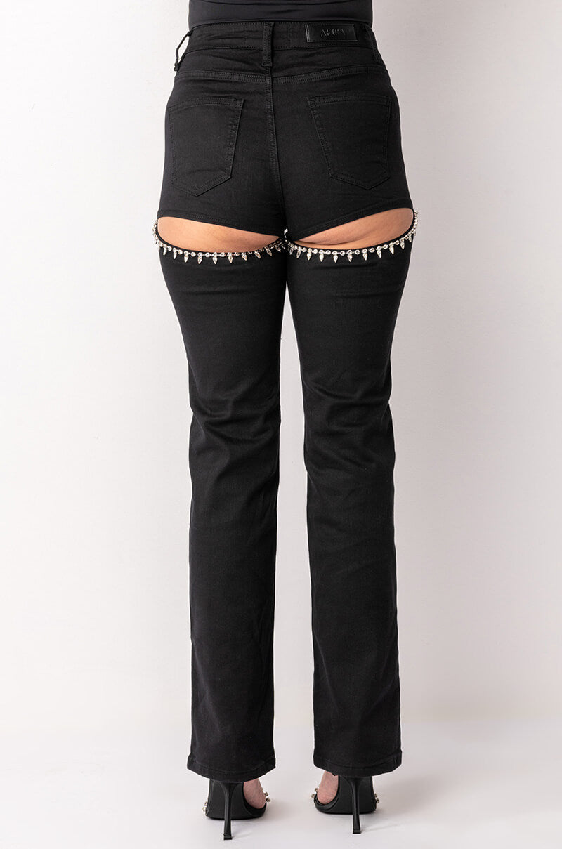 RAVENNA RHINESTONE PEEKABOOTY FLARED JEANS