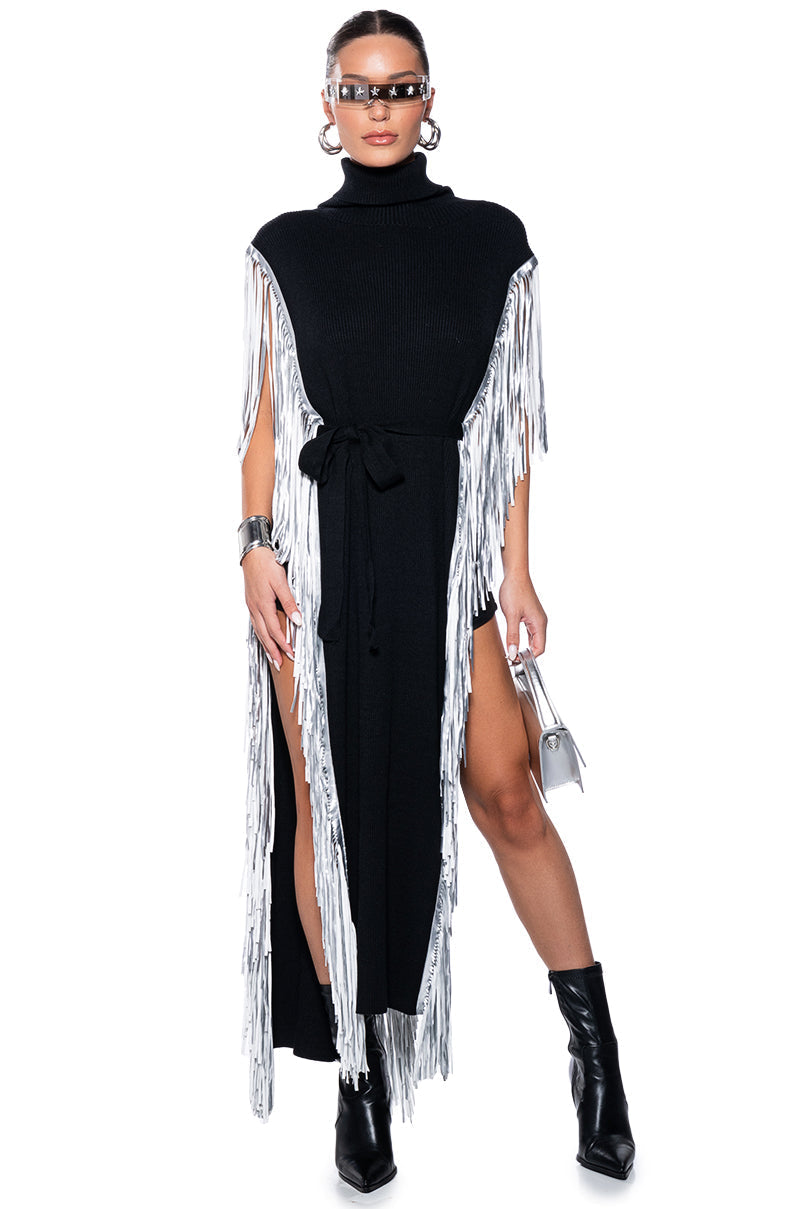 CHEYENNE FAUX LEATHER FRINGE BELTED SWEATER
