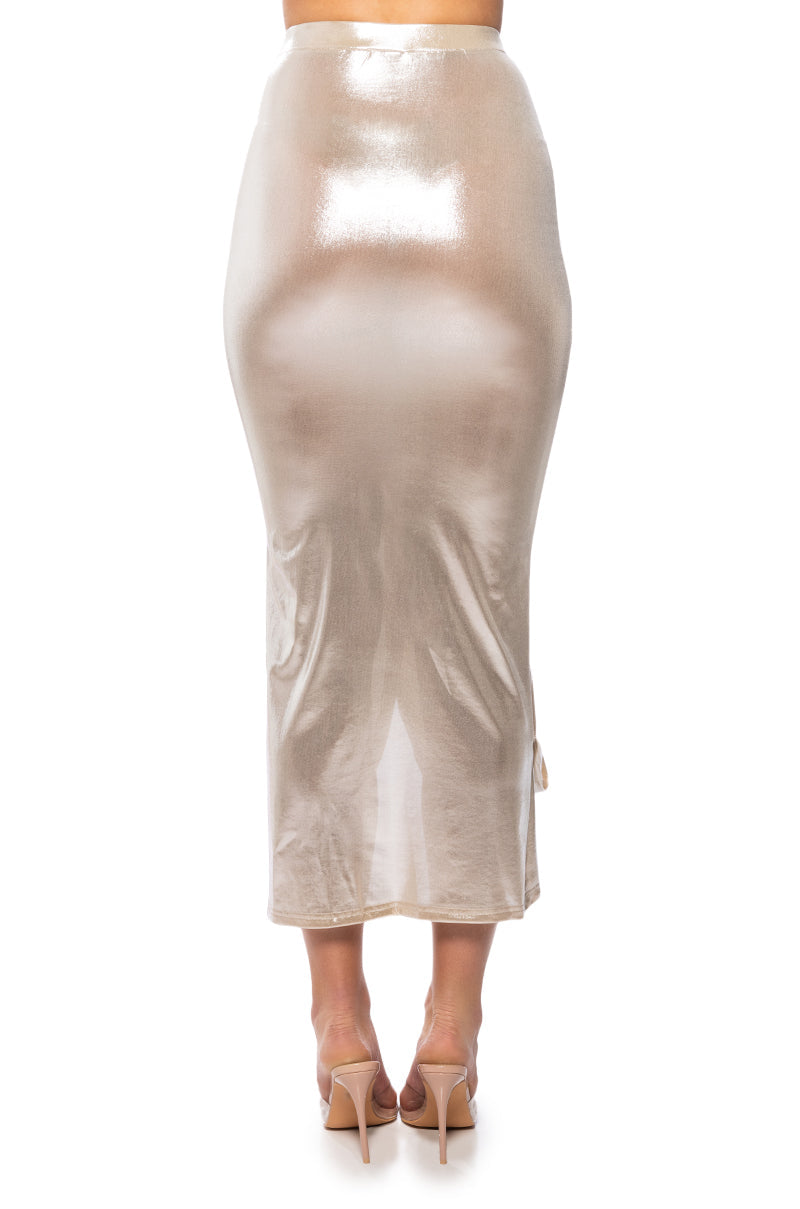 CHIARA METALLIC DRAPED MIDI SKIRT