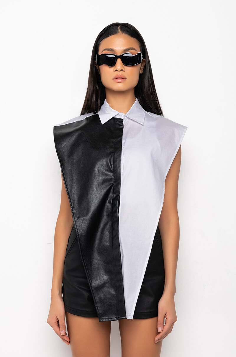 IVANA FAUX LEATHER PANEL BUTTON DOWN SLEEVELESS BLOUSE