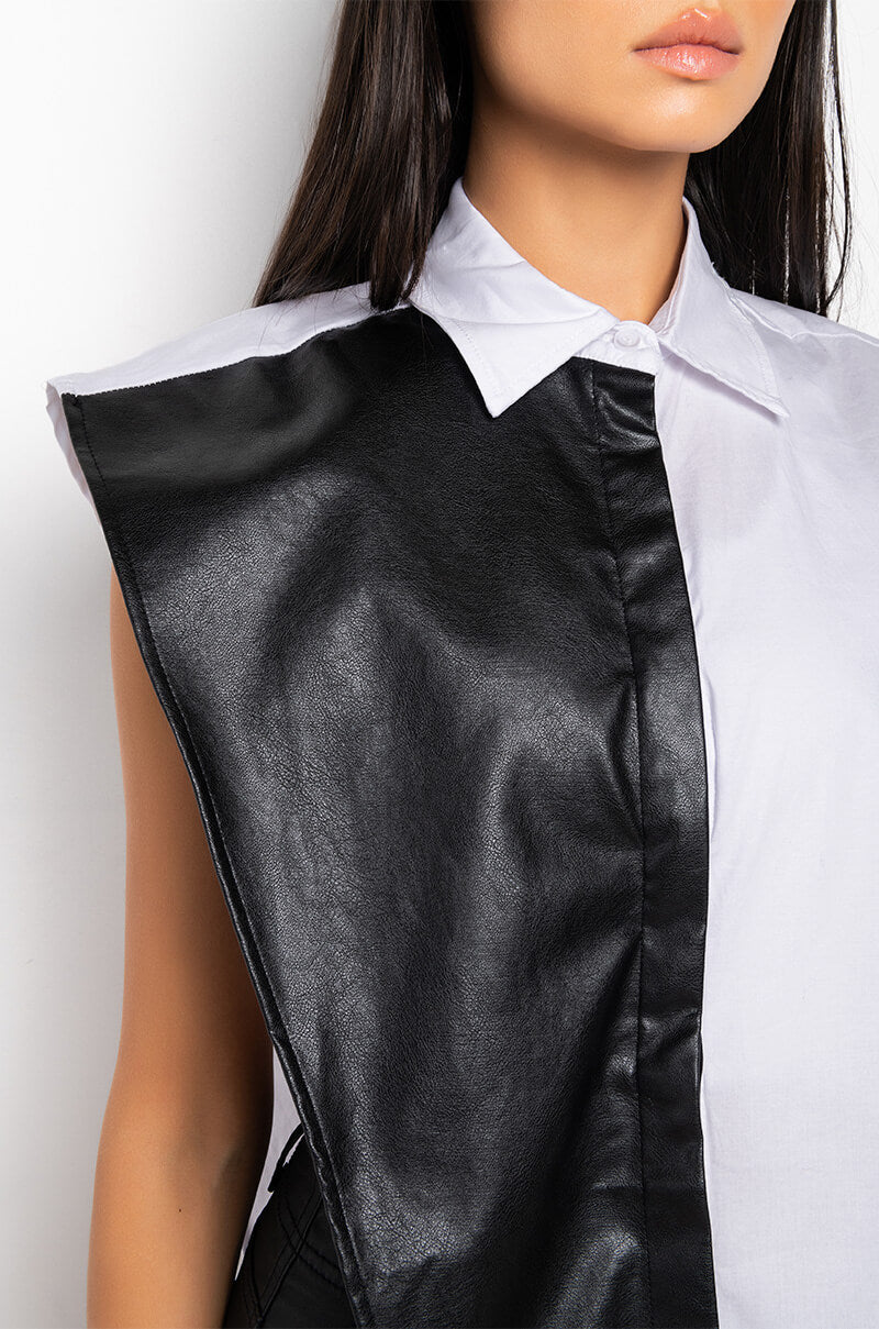 IVANA FAUX LEATHER PANEL BUTTON DOWN SLEEVELESS BLOUSE