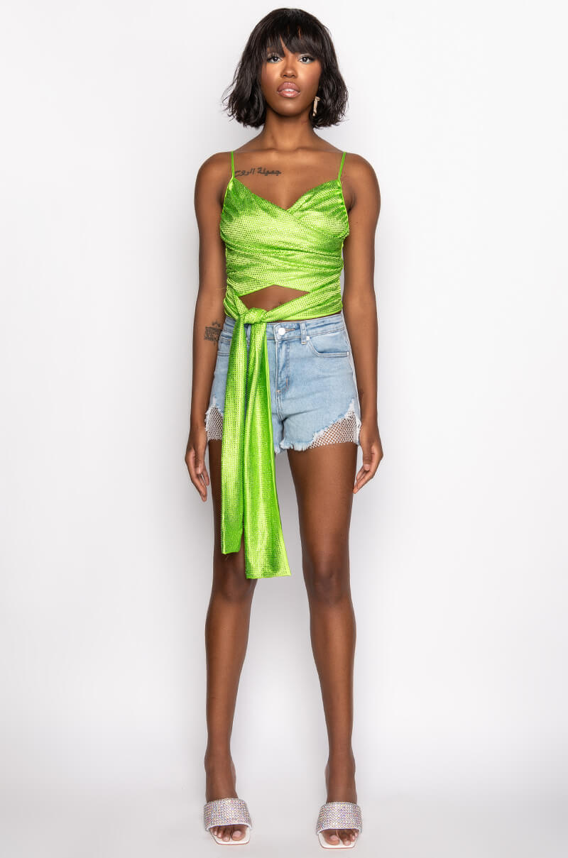CIAO BELLA RHINESTONE MESH HIGH RISE DENIM SHORT