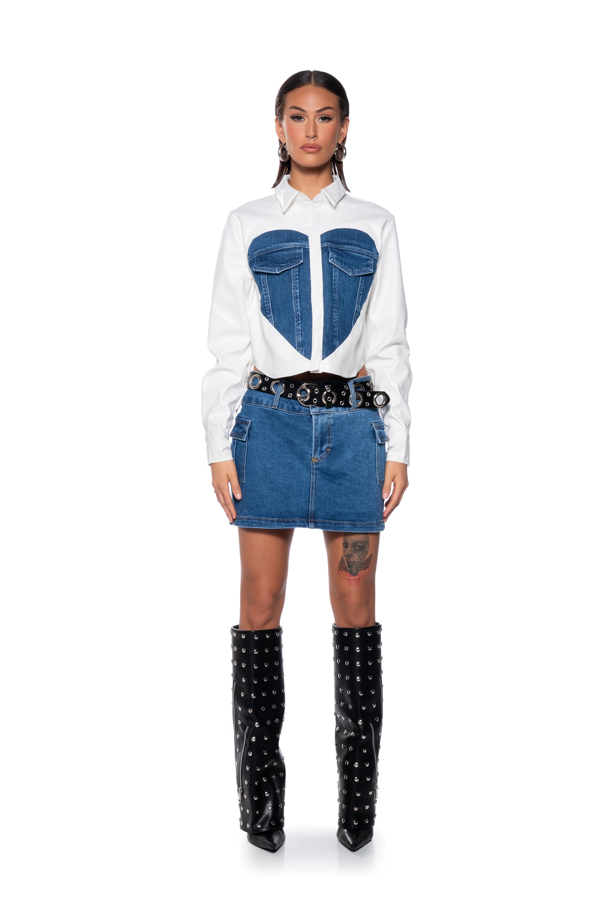 CLEAR LOVE FAUX LEATHER DENIM DETAIL BUTTON DOWN TOP