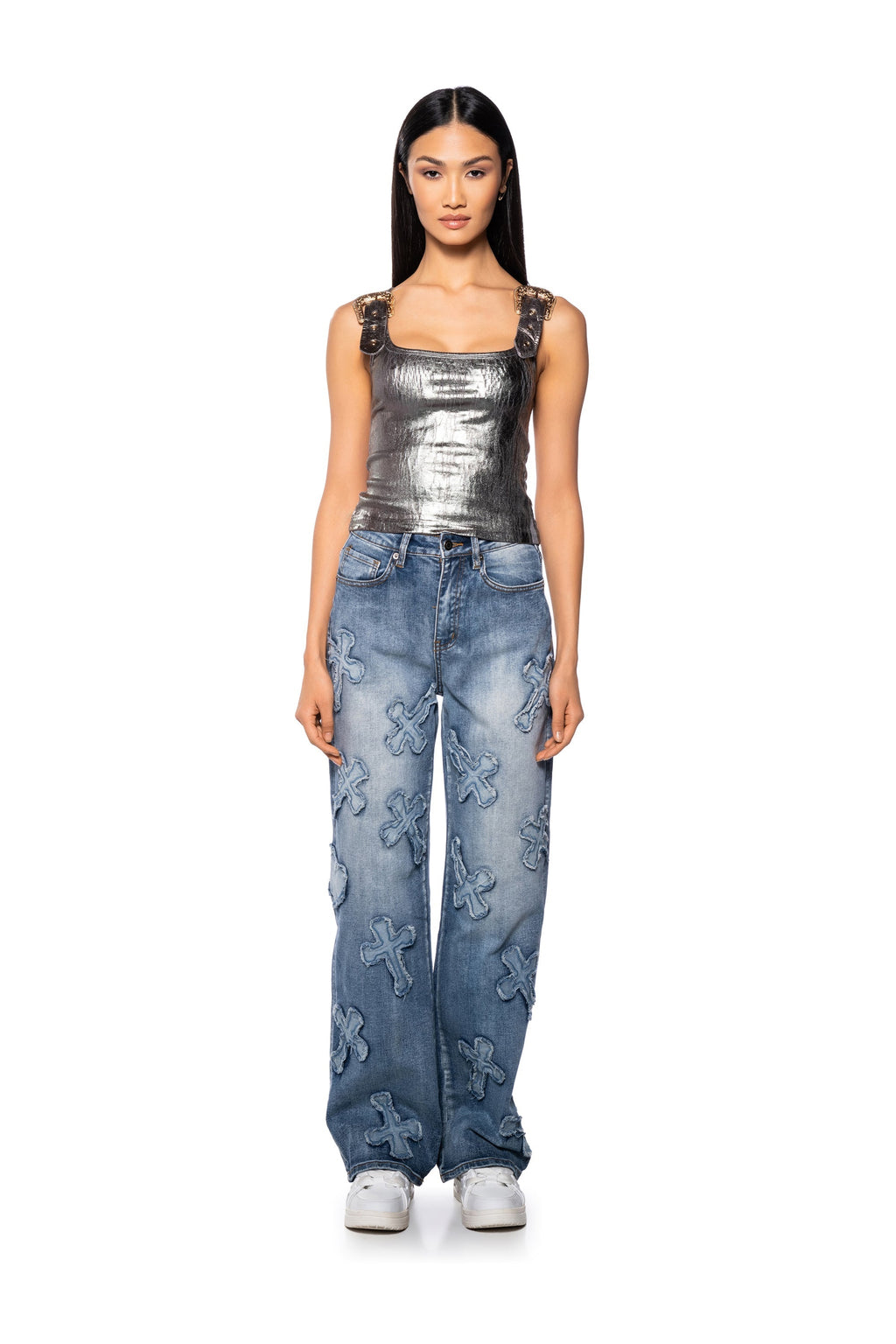 CLEO BUCKLE DETAIL METALLIC COATED TANK