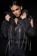 COLD SHOULDER PUFFER WITH RHINESTONES