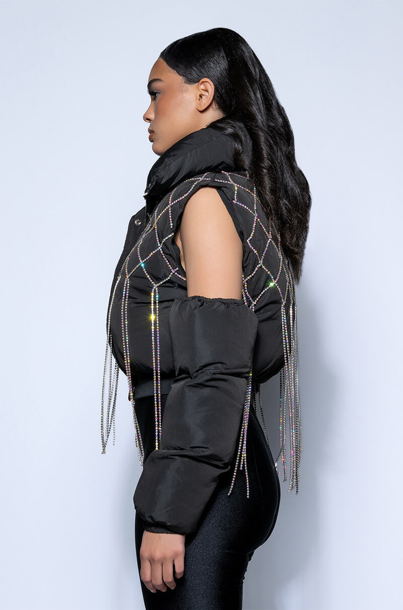COLD SHOULDER PUFFER WITH RHINESTONES