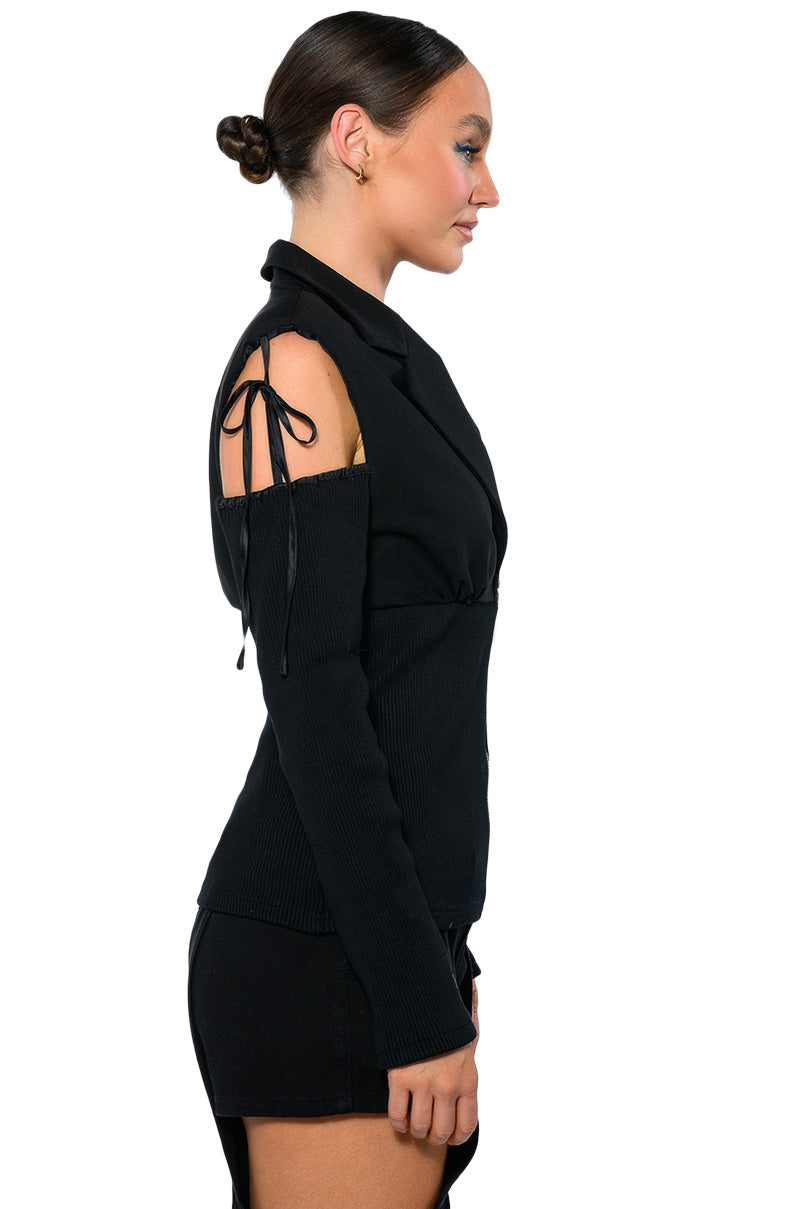 COLD SHOULDER RIBBED BLAZER