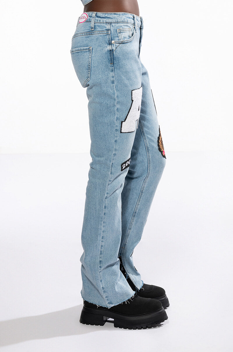 COLLEGIATE OUT OF YOUR LEAGUE HIGH RISE STRAIGHT LEG JEAN