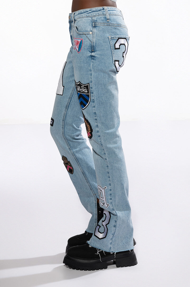 COLLEGIATE OUT OF YOUR LEAGUE HIGH RISE STRAIGHT LEG JEAN
