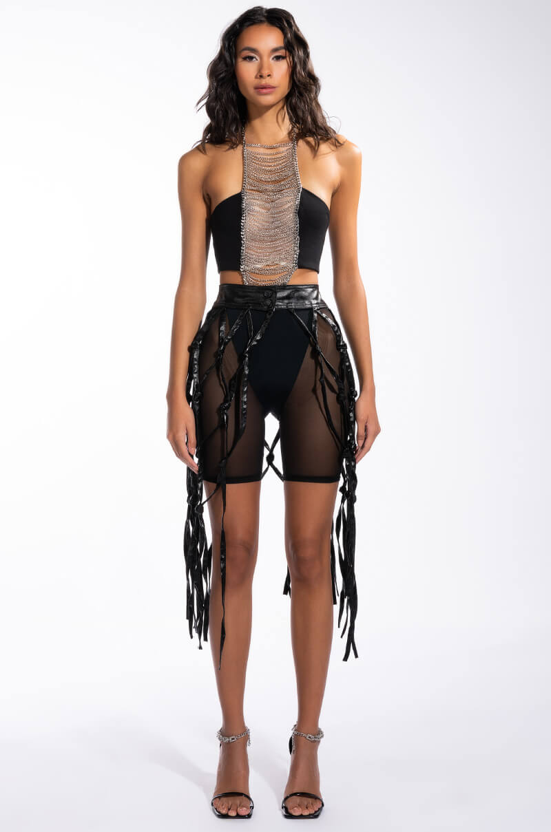 COURTSIDE FAUX LEATHER NET MIDI SKIRT