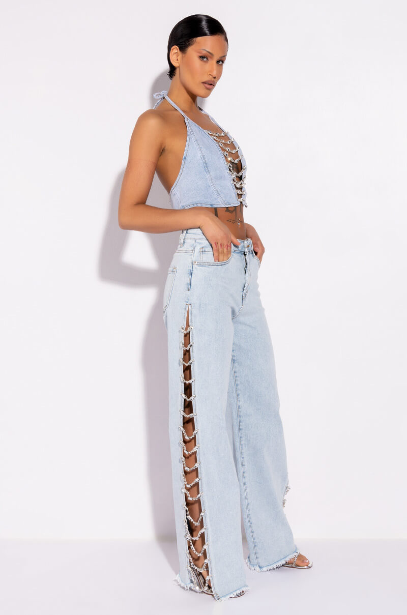 COVERED IN DIAMONDS DENIM PLUNGE CROP TOP