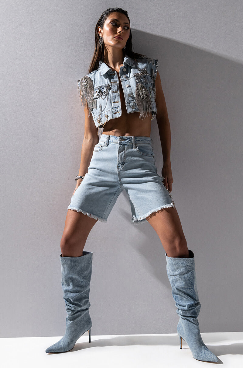 COVERED IN DIAMONDS RELAXED DENIM SHORTS