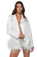 COZY CORNER OVERSIZED MOTO WITH FEATHER TRIM