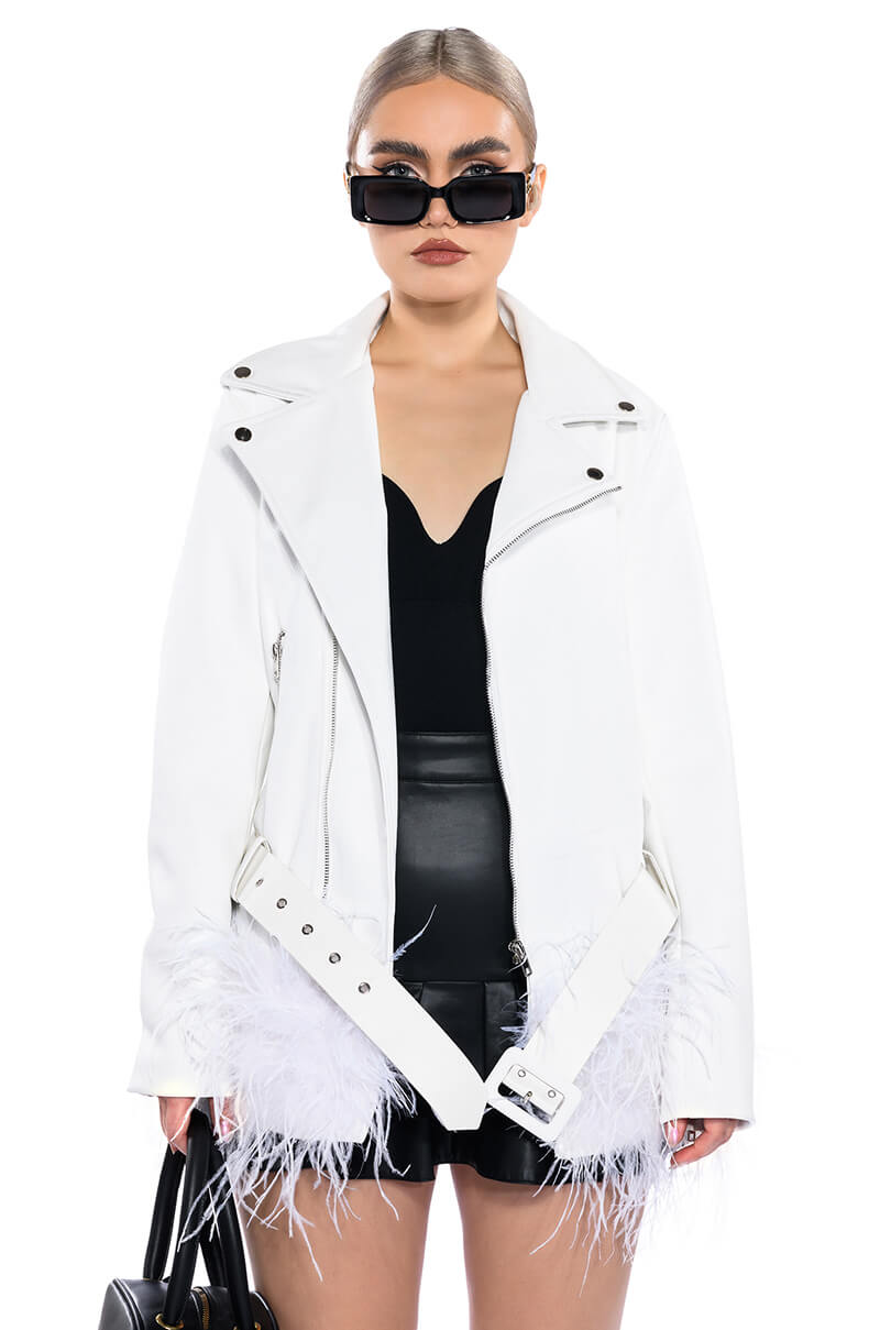 COZY CORNER OVERSIZED MOTO WITH FEATHER TRIM