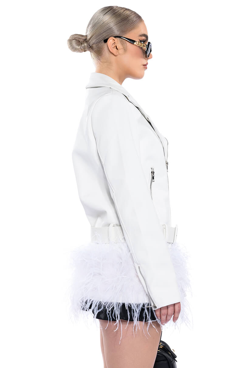 COZY CORNER OVERSIZED MOTO WITH FEATHER TRIM