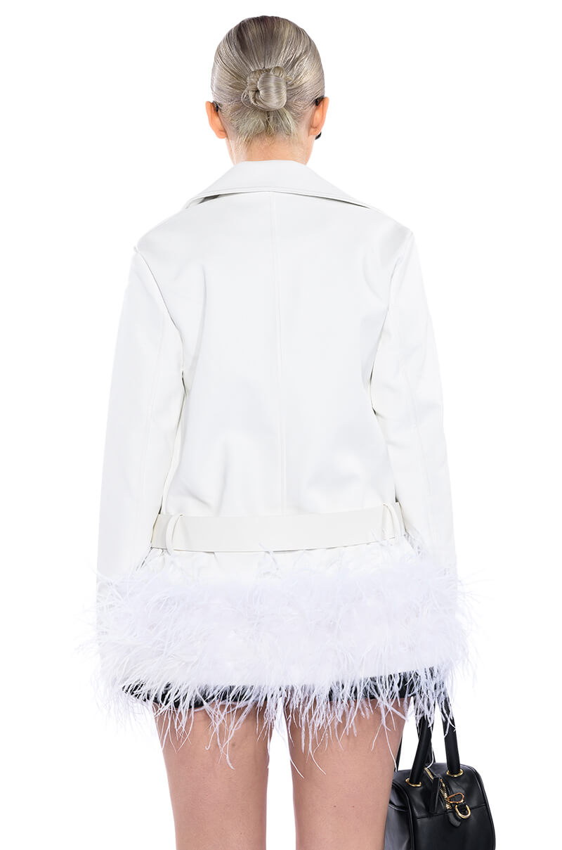 COZY CORNER OVERSIZED MOTO WITH FEATHER TRIM