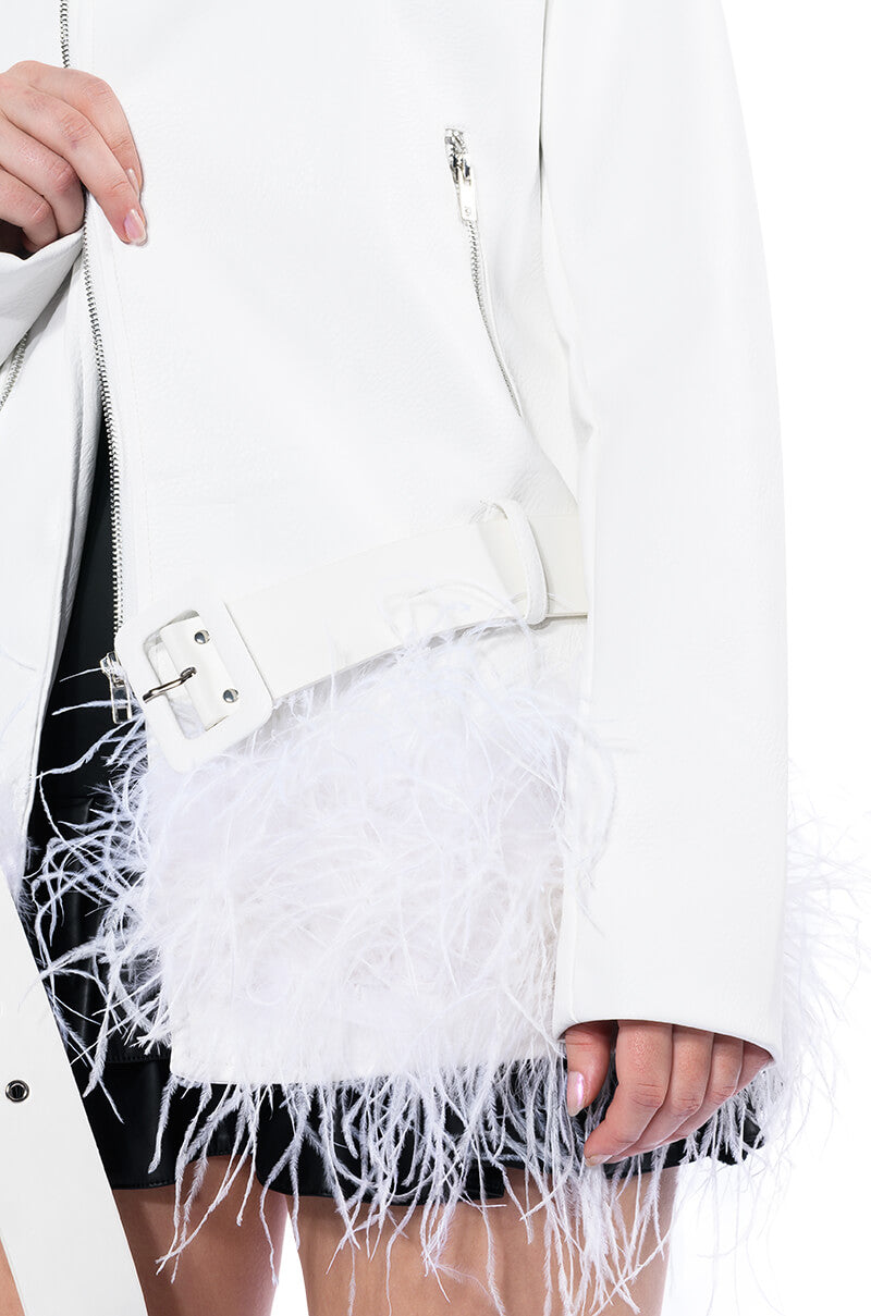 COZY CORNER OVERSIZED MOTO WITH FEATHER TRIM
