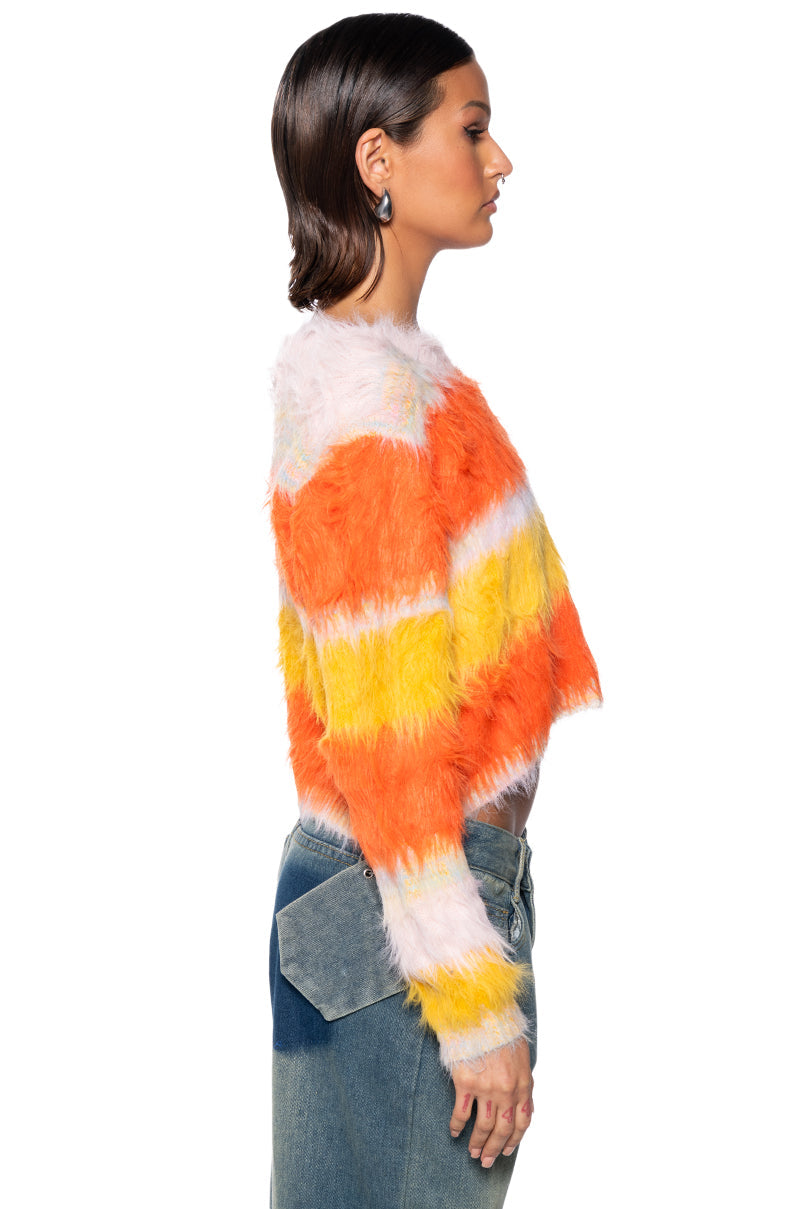 COZY WITH WHO I AM FUZZY STRIPED SWEATER