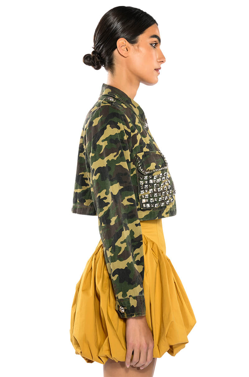 CROP CAMO BOMBER JACKET WITH STUDS