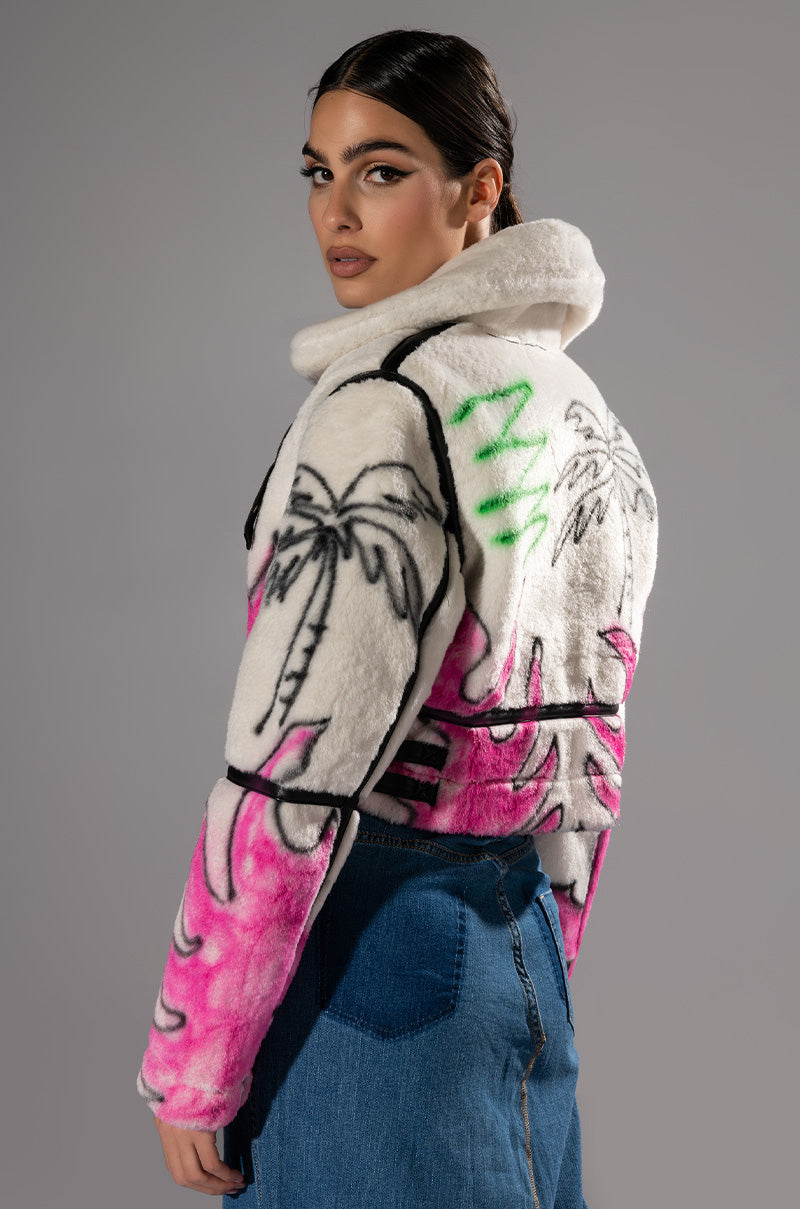 CRUSHING IT GRAFITI CROPPED SHERPA JACKET
