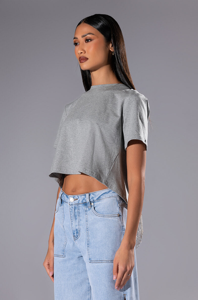 CURTAIN CALL OPEN BACK RHINESTONE CREW NECK TSHIRT