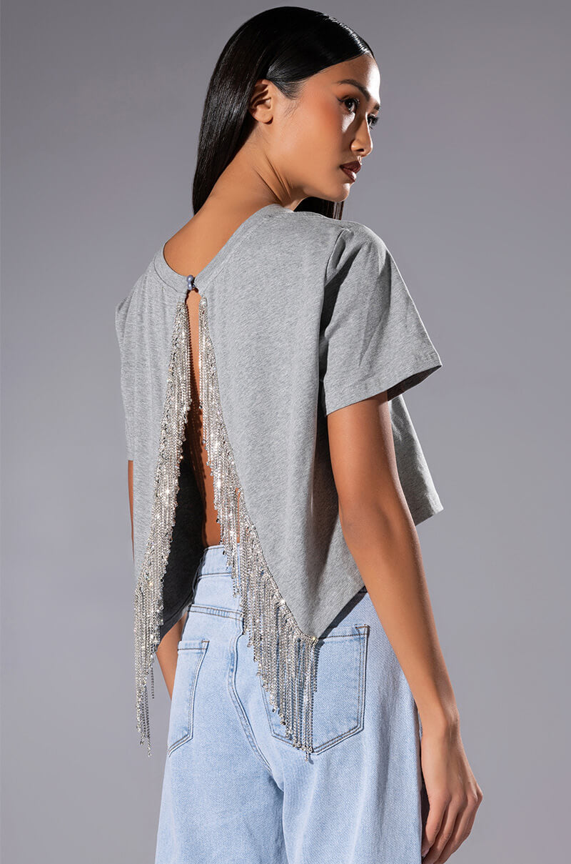 CURTAIN CALL OPEN BACK RHINESTONE CREW NECK TSHIRT