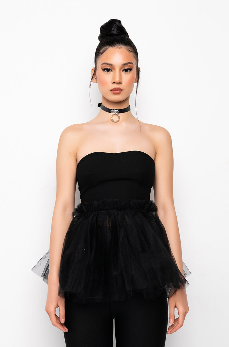 DANCE TO THIS STRAPLESS TULLE PEPLUM BLOUSE