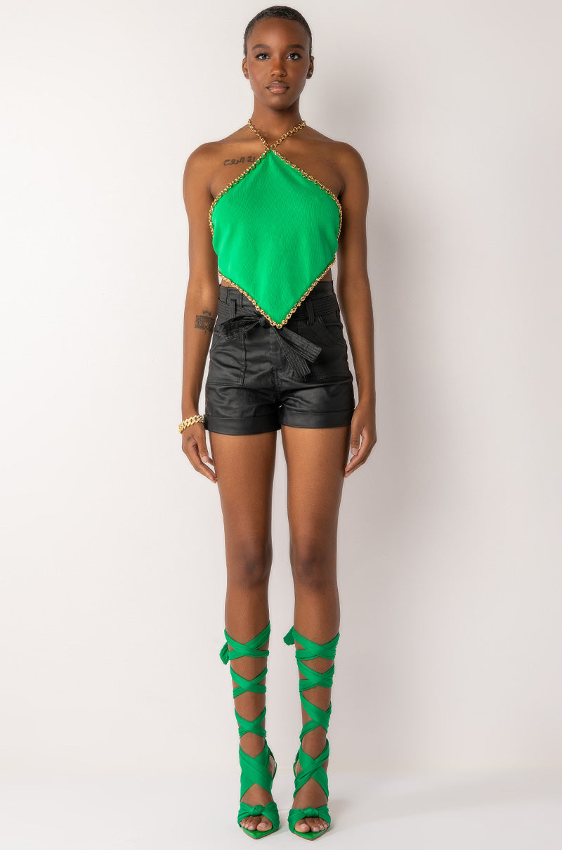 DASH CHAIN DETAIL RIBBED HALTER TOP