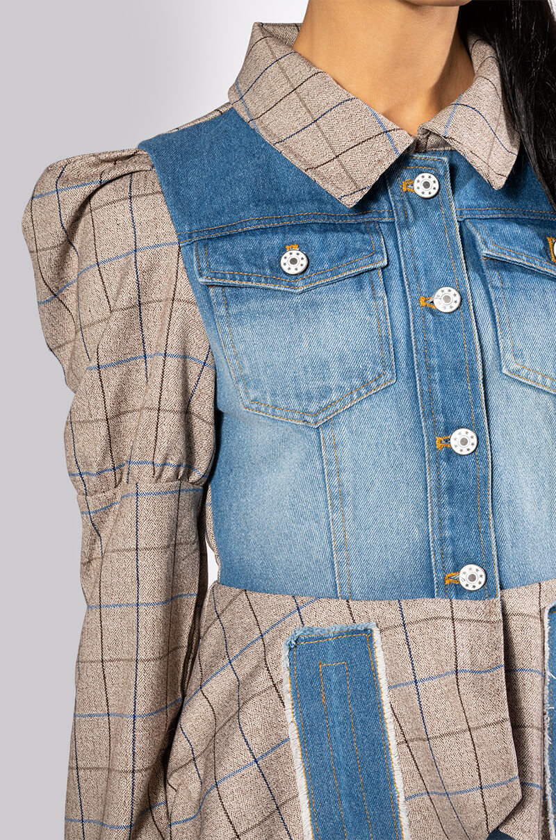 DC MIX MATERIAL DENIM PLAID BLAZER