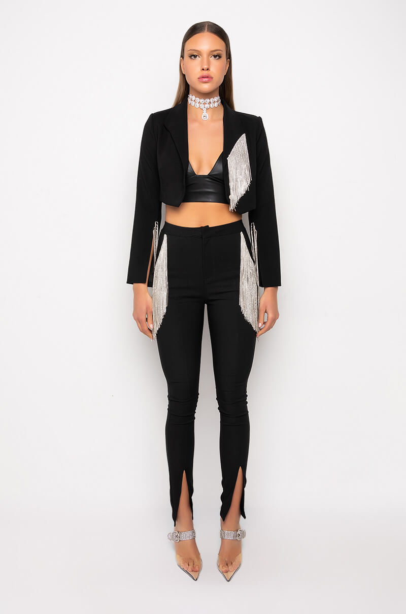 DECKED OUT RHINESTONE FRINGE CROP BLAZER