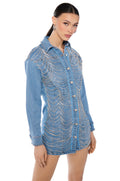 DENIM AND DIAMONDS BUTTON UP MINI DRESS