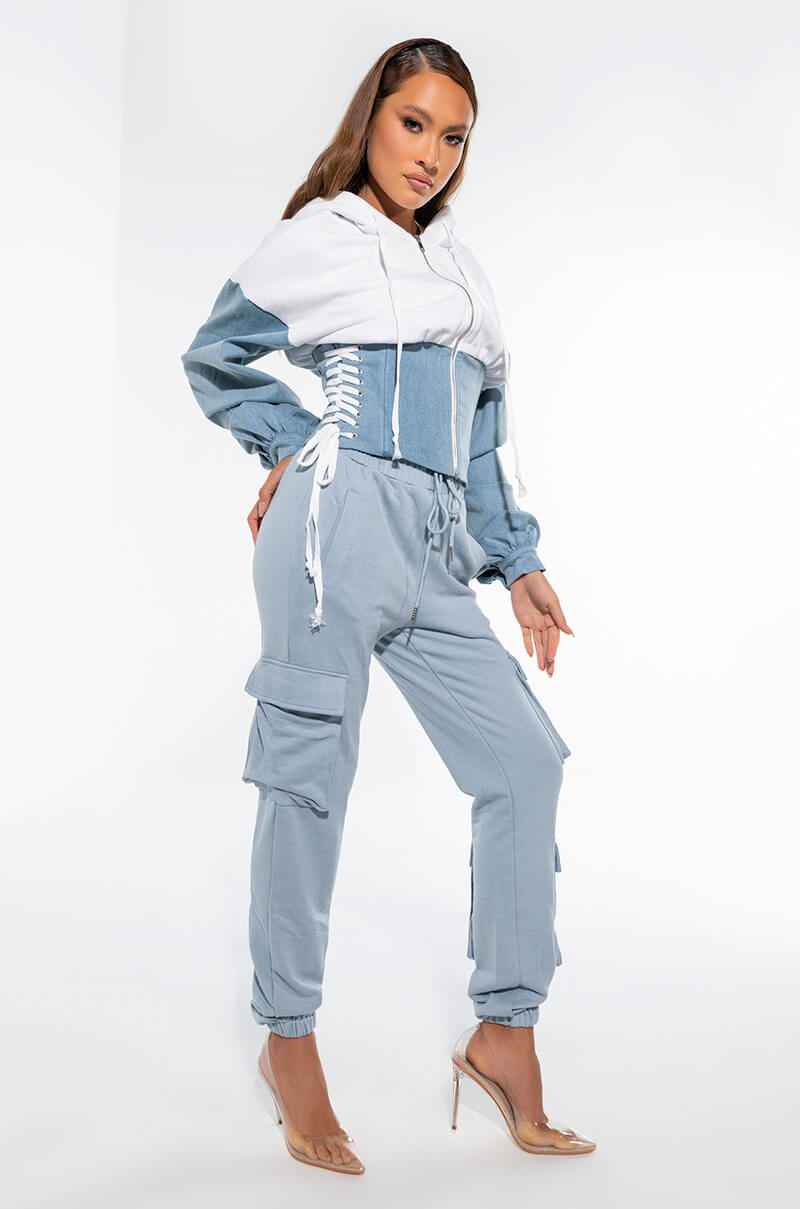DENIM O'CLOCK CORSETED SWEATSHIRT