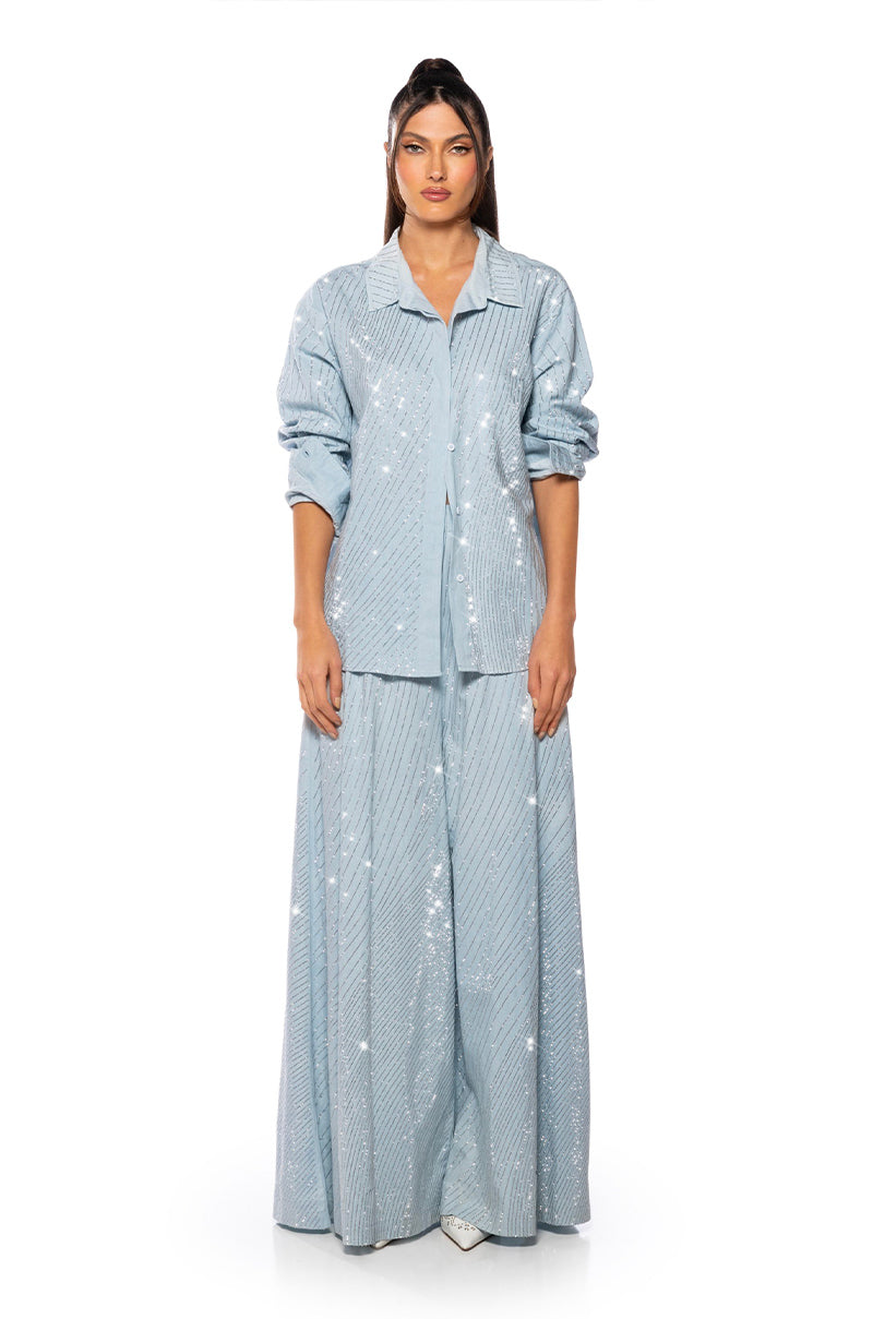 DENIMANIA RHINESTONE WIDE LEG DENIM PANTS