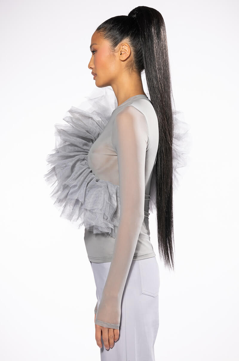 DRAMATIC RUFFLE DETAIL MESH LONG SLEEVE TOP